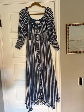 Anthropologie Navy and White Striped Button-Front Maxi Dress